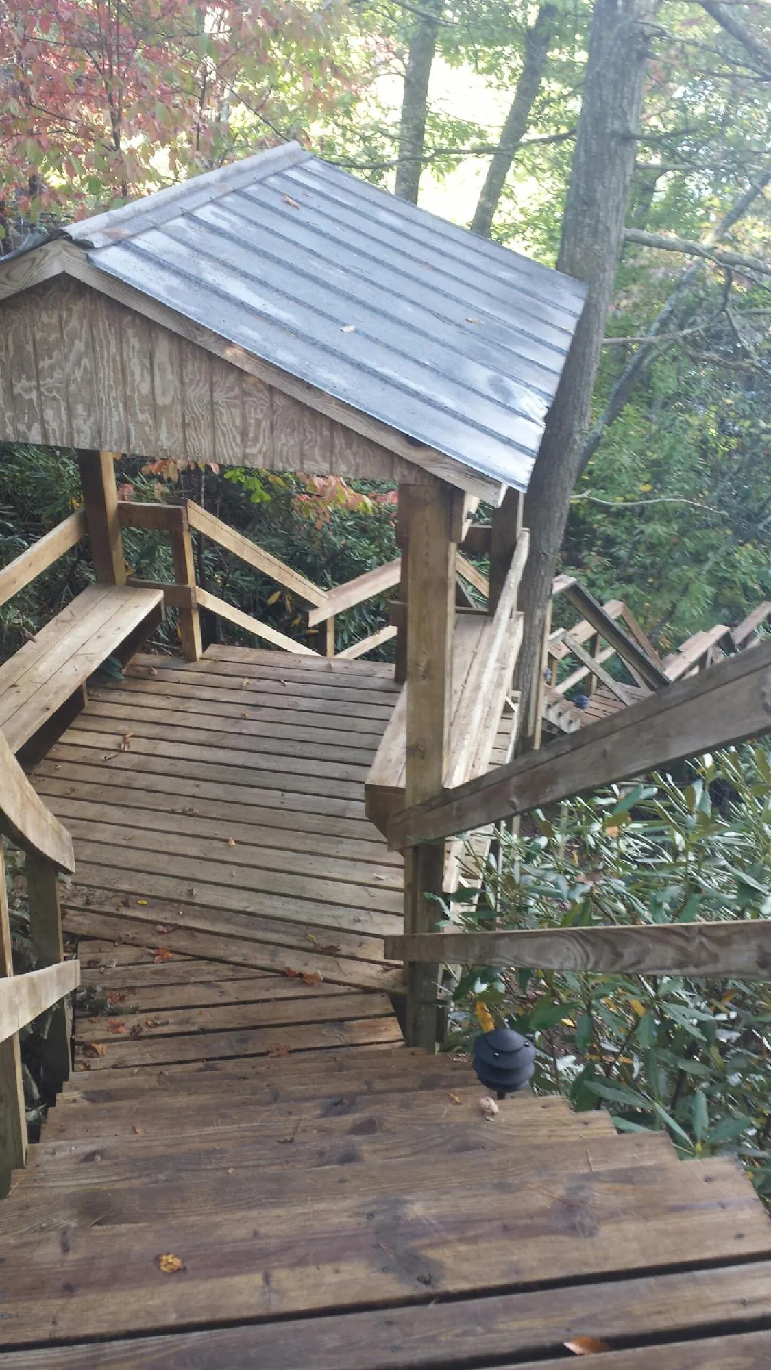 Metal roofed shelter over wooden steps on a wooded walkway — Skylight Repair & Installation work by our crew in Nesbit